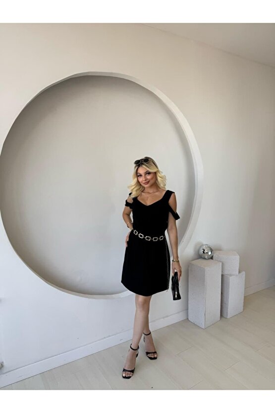 Kadın Askılı Soğuk Omuz Detaylı Modal Elbise