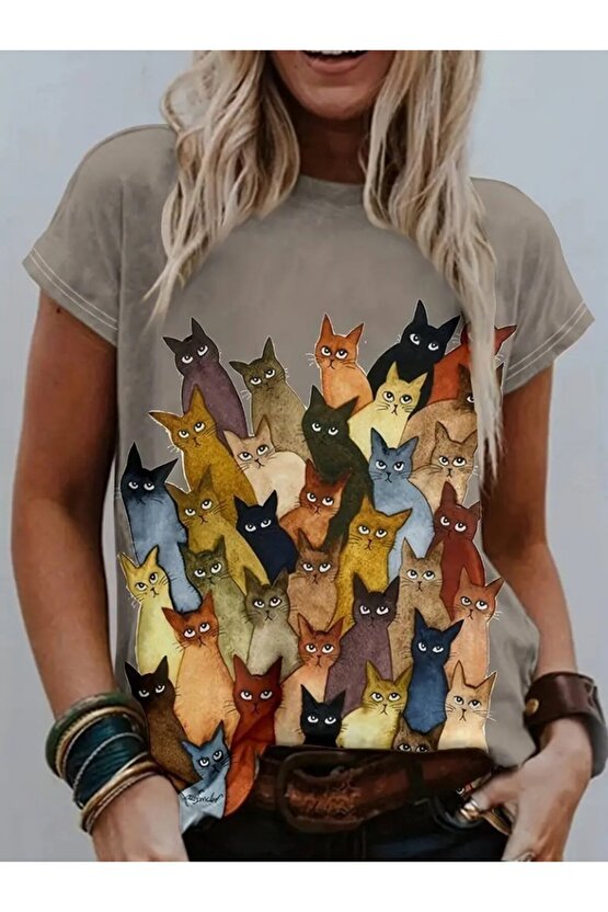 EQURİ Kadın Kısa Kollu Bisiklet Yaka Kedi Desenli Süprem Bluz