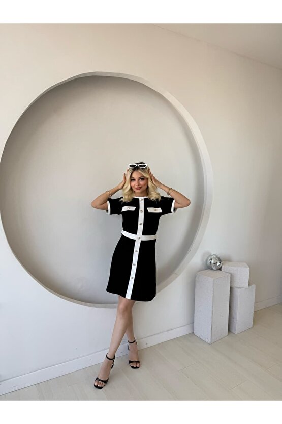 EQURİ Kadın Kısa Kollu Bisiklet Yaka önden Düğmeli Modal Elbise