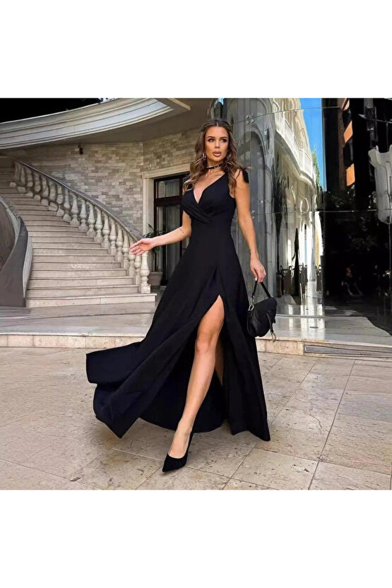 Kadın Askılı Omuzdan Bağlamalı Kruvaze Yakalı Uzun Yırtmaçlı Janjan Krep Elbise