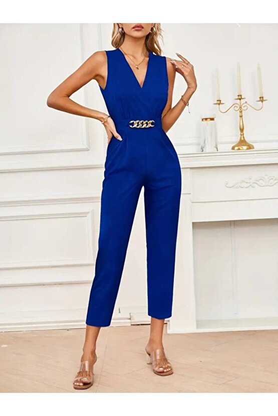 Kadın Sıfır Kollu Kruvaze Detaylı Ithal Krep Tulum