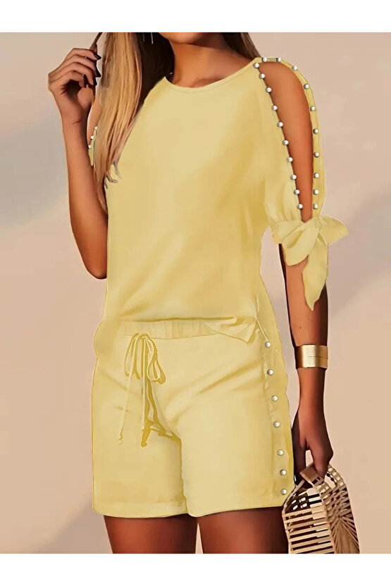 Kadın Kısa Kollu Bisiklet Yaka Yarı Açık Omuz Inci Detaylı Short T-shirt Viskon Ikili Takım