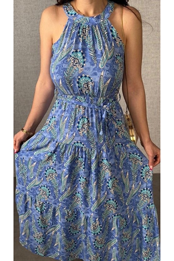 Kadın Omuzlardan Açık Boyundan Geçmeli Desenli Süprem Bluz