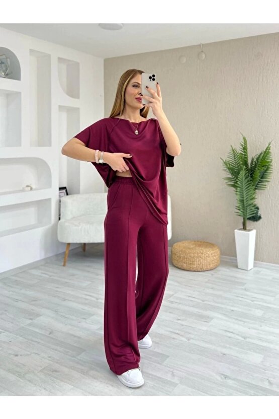 Kadın Kısa Kollu Kayık Yakalı Dikiş Izi Detaylı Viskon Iki Iplik Bluz Ve Pantolon Ikili Takım