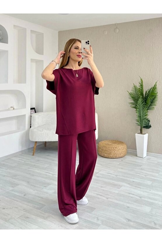 Kadın Kısa Kollu Kayık Yakalı Dikiş Izi Detaylı Viskon Iki Iplik Bluz Ve Pantolon Ikili Takım