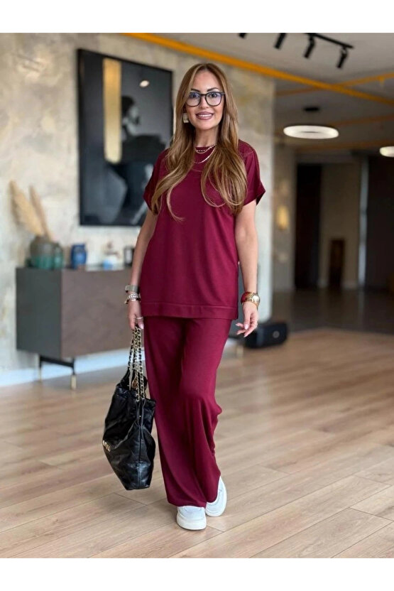 Kadın Kısa Kollu Bisiklet Yaka Viskon Iki Iplik Bluz Ve Pantolon Ikili Takım