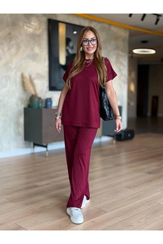 Kadın Kısa Kollu Bisiklet Yaka Viskon Iki Iplik Bluz Ve Pantolon Ikili Takım