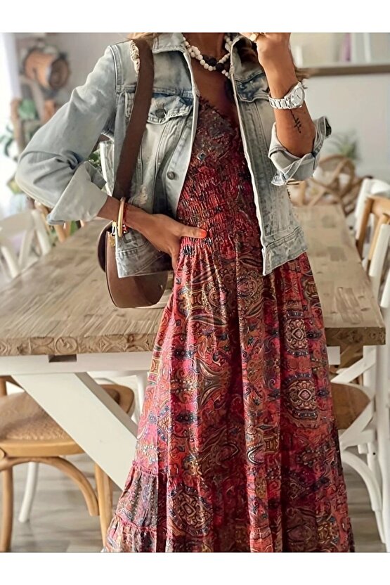 EQURİ Kadın Kısa Kollu Kruvaze Yakalı Desenli Maksi Boy Süprem Elbise