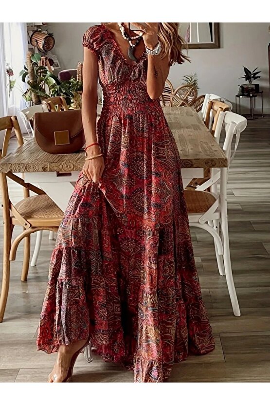 EQURİ Kadın Kısa Kollu Kruvaze Yakalı Desenli Maksi Boy Süprem Elbise