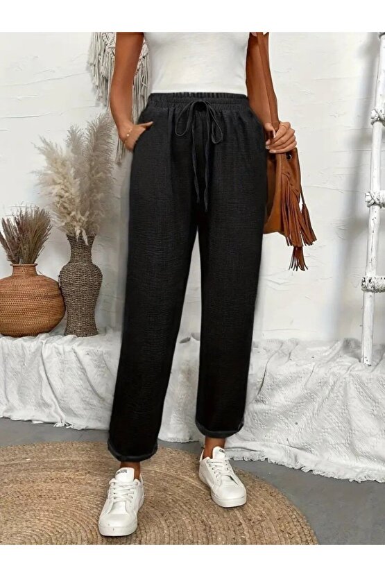 EQURİ Kadın Yüksek Bel Lastikli Belde Bağcık Detaylı Aerobin Pantolon