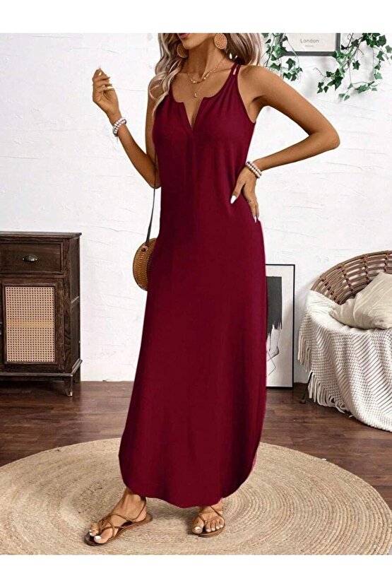 Kadın Askılı Yuvarlak Yaka Asimetrik Detaylı Viskon Elbise