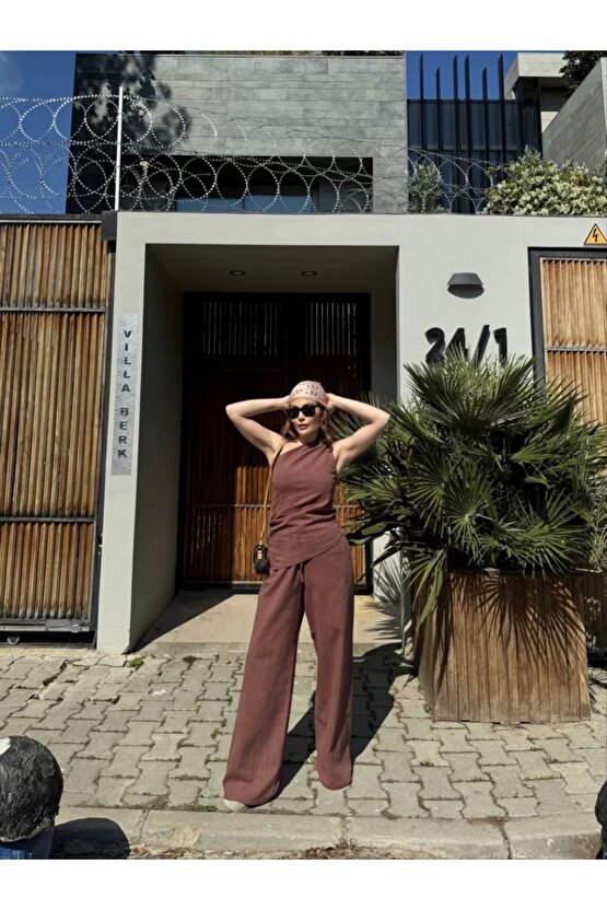 Kadın Keten Asimetrik Tek Omuzlu Bluz Pantalon Takım- Bordo