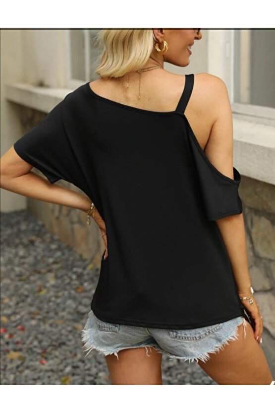 EQURİ Kadın Tek Omuzu Açık Toka Detaylı Viskon Bluz