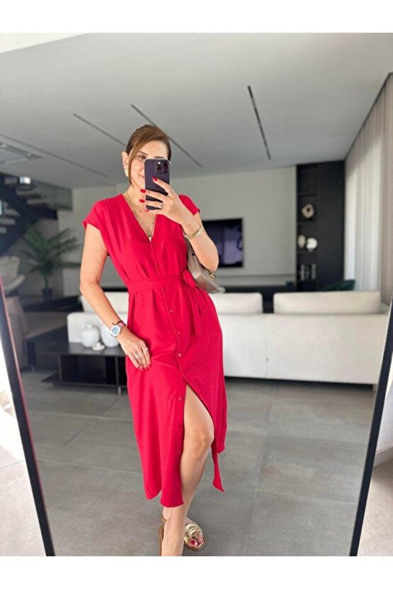 Kadınn V Yaka Düğme Detay Kuşak Dahil Elbise