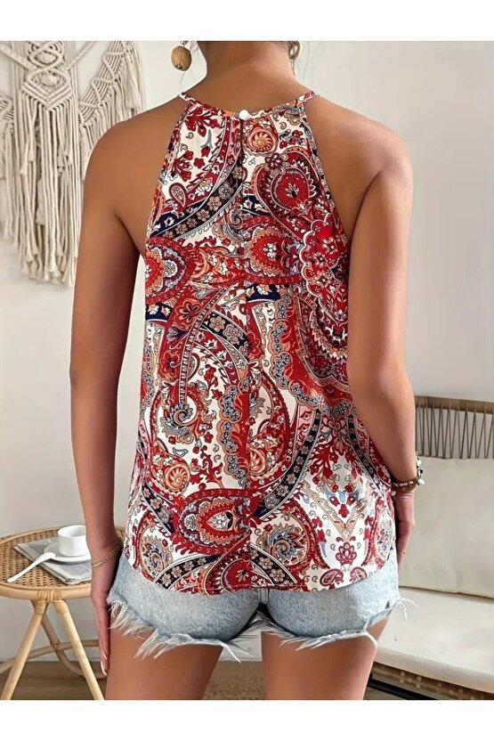 EQURİ Kadın Halter Kollu Damla Detaylı Desenli Süprem Bluz