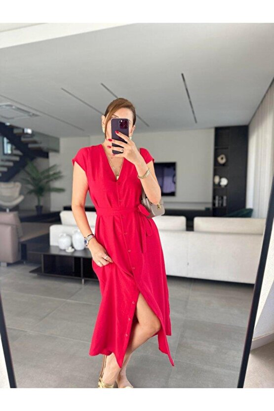 Kadınn V Yaka Düğme Detay Kuşak Dahil Elbise