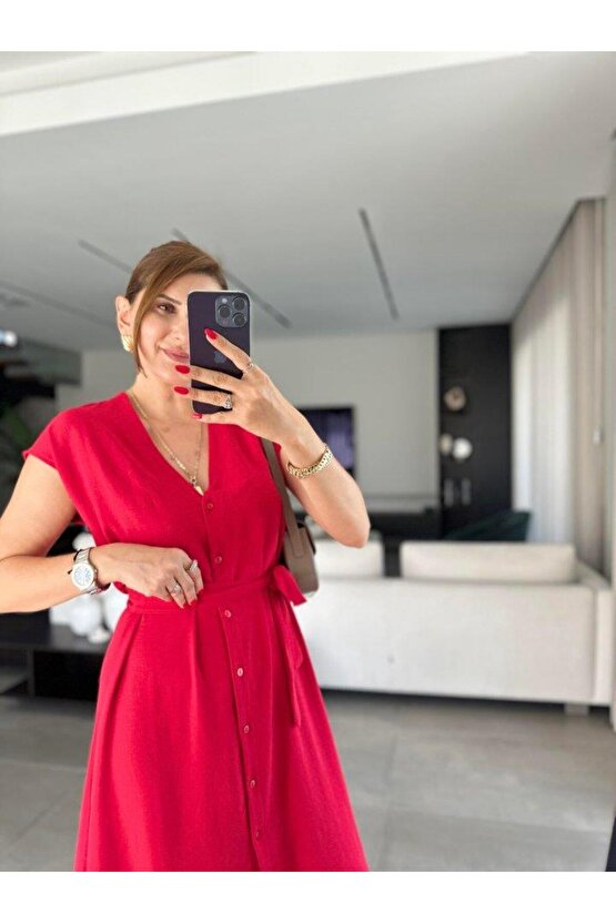 Kadınn V Yaka Düğme Detay Kuşak Dahil Elbise