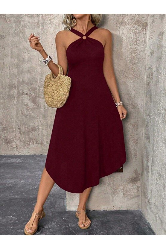 EQURİ Kadın Boyundan çapraz Askılı Halka Detaylı Asimetrik Kesim Viskon Elbise