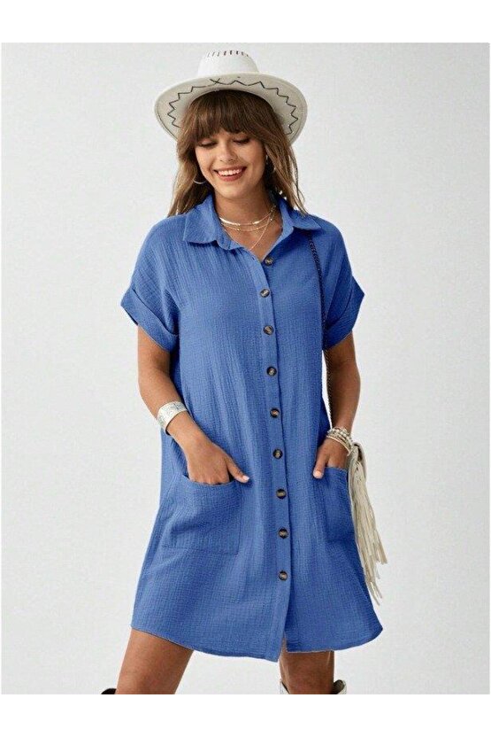 Kadın Cep Detay Müslin Kumaş Mini Gömlek Elbise