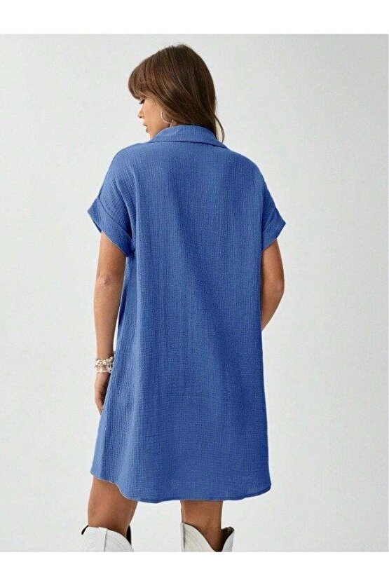 EQURİ Kadın Cep Detay Müslin Kumaş Mini Gömlek Elbise