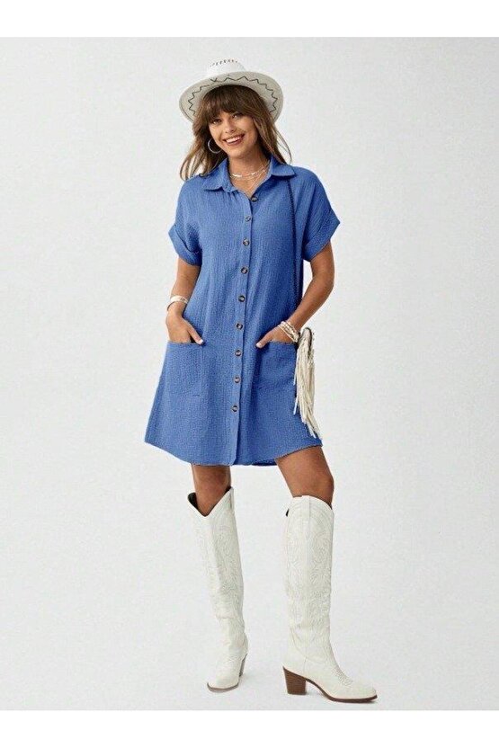 EQURİ Kadın Cep Detay Müslin Kumaş Mini Gömlek Elbise