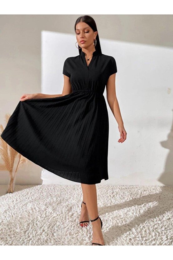 Kadın Kısa Kollu Hakim V Yakalı Pileli Janjan Krep Elbise