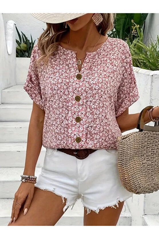 Kadın Kısa Kollu çentikli V Yaka Ve Düğme Detaylı çiçek Desenli Süprem Bluz