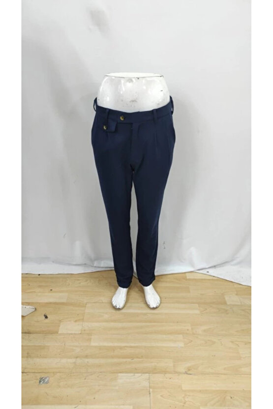 Erkek Belden Düğmeli Cepli Dokuma Pantolon