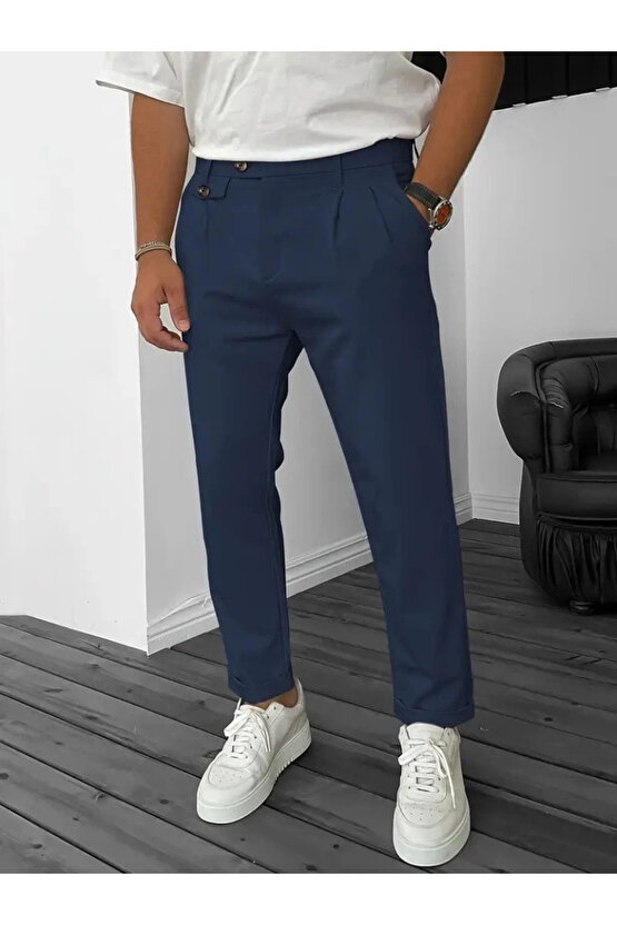 Erkek Belden Düğmeli Cepli Dokuma Pantolon