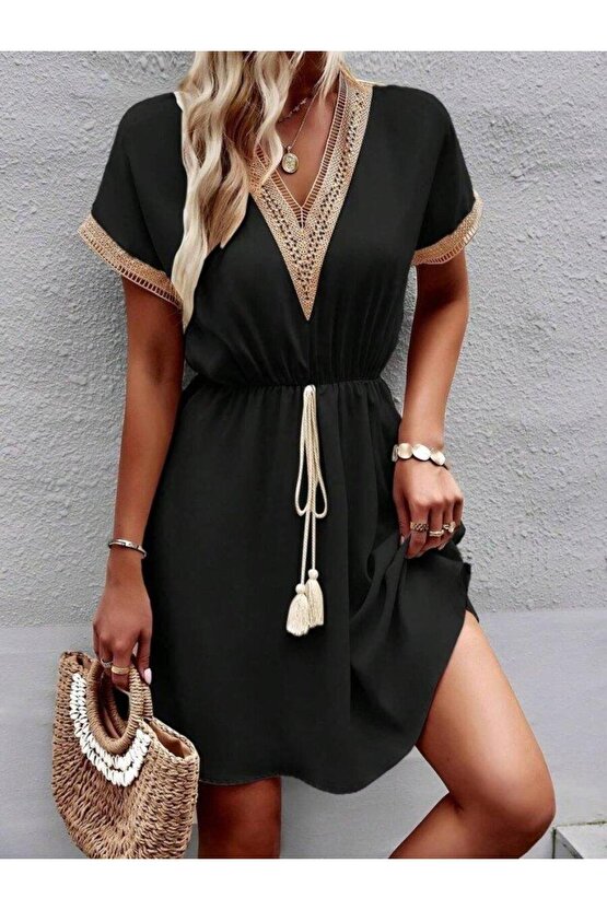 Kadın Kısa Kollu V Yakalı Belinde Bağcıklı Viskon Elbise