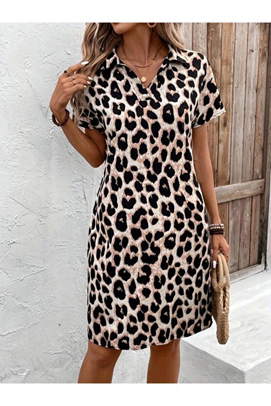 Kadın Kısa Kollu Yakalı Leopar Desenli Süprem Elbise