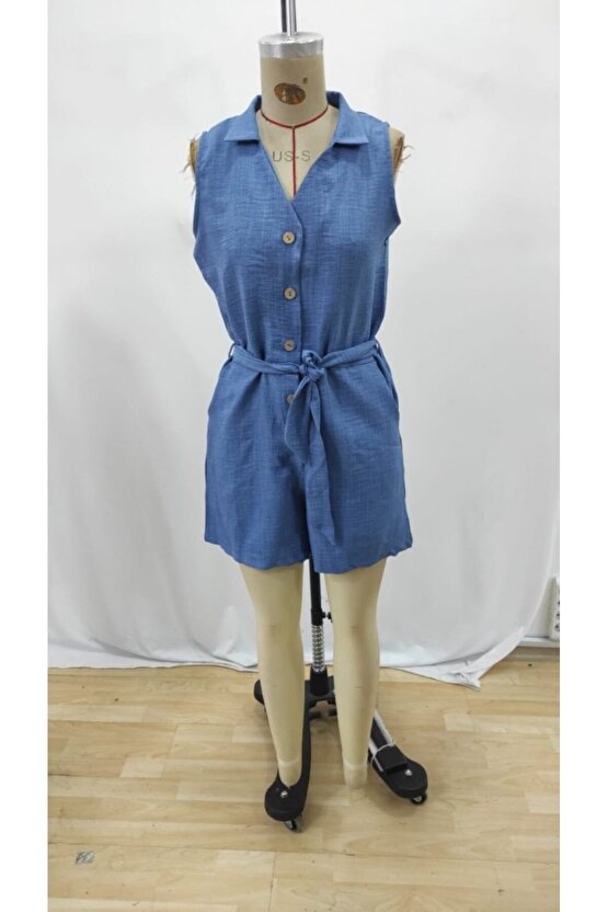 EQURİ Kadın Sıfır Kollu Yakalı Düğmeli Belden Kuşaklı Kısa Keten Tulum