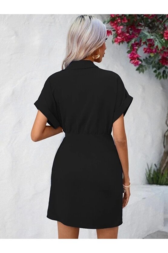 Kadın Kısa Kollu Yakalı Yandan Bağlamalı Dokuma Elbise