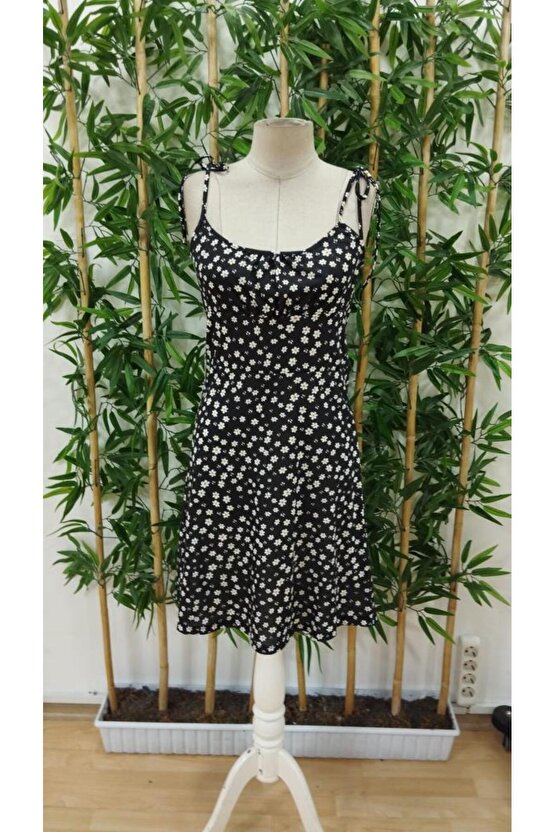 EQURİ Kadın Ip Askılı Omuzlardan Bağcıklı çiçek Desenli Süprem Elbise