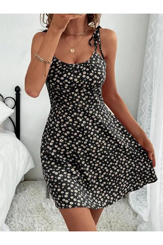 EQURİ Kadın Ip Askılı Omuzlardan Bağcıklı çiçek Desenli Süprem Elbise