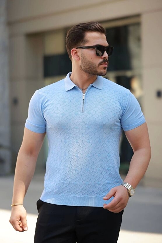 Erkek Fermuar Yakalı Baklava Desen Kısa Kollu Gömlek