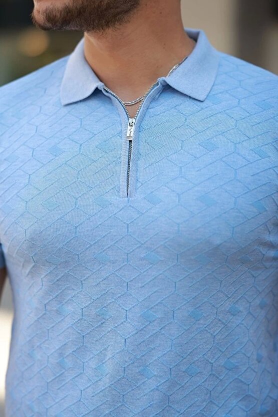 Erkek Fermuar Yakalı Baklava Desen Kısa Kollu Gömlek