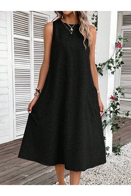 Kadın Kolsuz Bisiklet Yaka Cepli Midi Keten Elbise