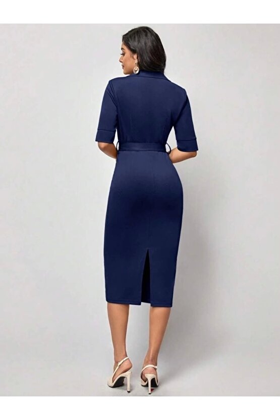 Kadın Kısa Kollu Yakalı Kruvaze Yakalı Beli Kemerli Midi Modal Elbise