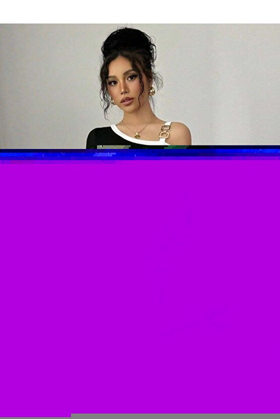 EQURİ Kadın Kısa Kollu Asimetrik Kesim Yaka şerit Ve Aksesuar Detaylı Modal Elbise