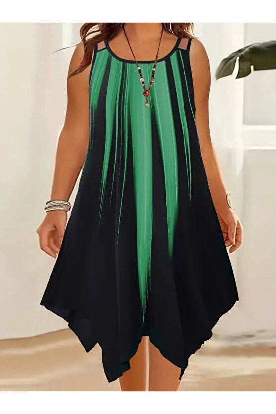 EQURİ Kadın Askılı Yuvarlak Yaka Asimetrik Detaylı Desenli Süprem Elbise