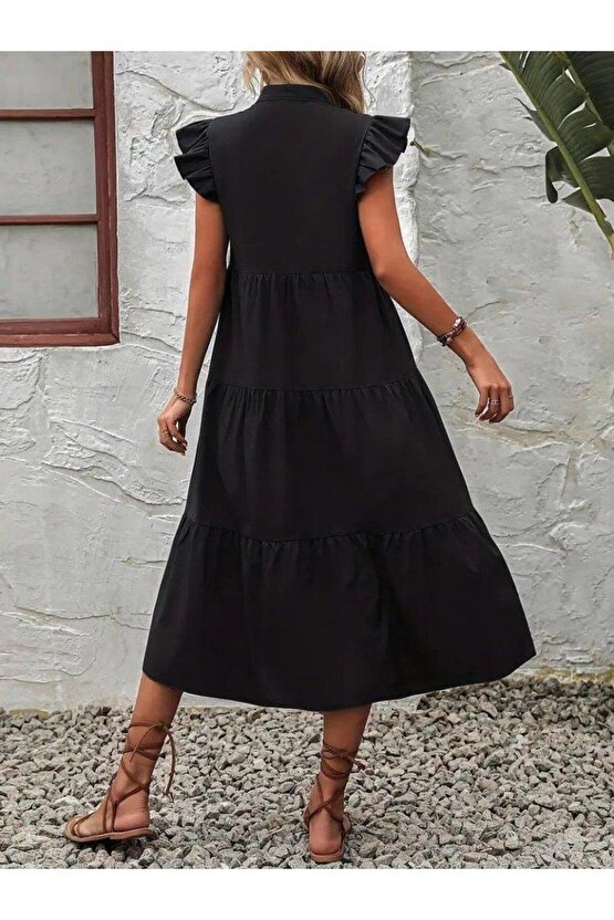 Kadın Kısa Kollu V Yakalı Geniş Kesim Uzun Trikoton Elbise