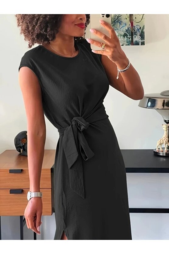 Kadın Kısa Kollu Yuvarlak Yaka Belden Bağcıklı önden Yırtmaçlı Aerobin Elbise