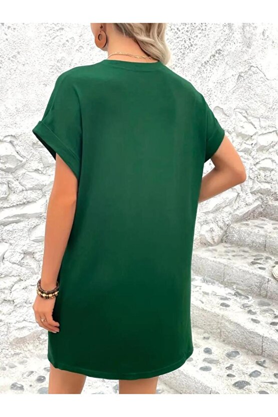 Kadın Kısa Kollu Bisiklet Yaka Cepli Kelebek Baskılı Viskon Elbise