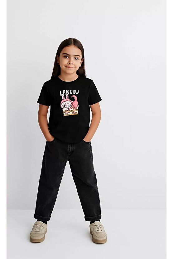 Kız Labubu Çocuk Baskılı T-Shirt - Siyah