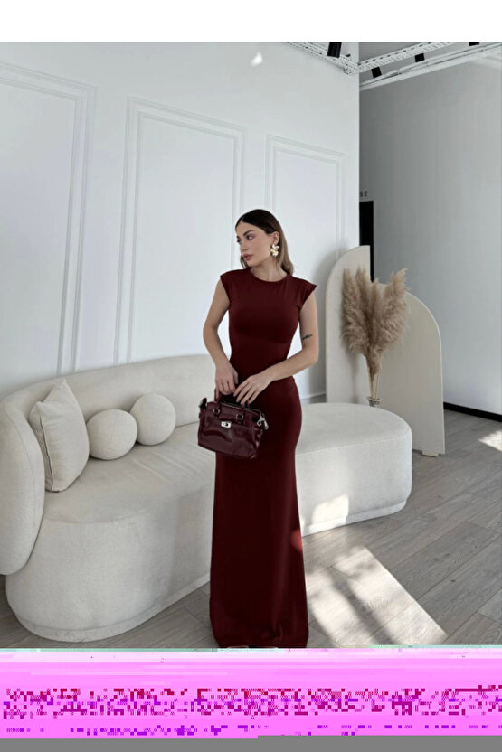 Kolsuz Uzun Likralı Elbise - Bordo