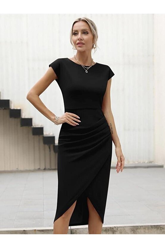 Kadın Yarım Ay Kollu Bisiklet Yaka Yandan Drapeli Ithal Krep Elbise