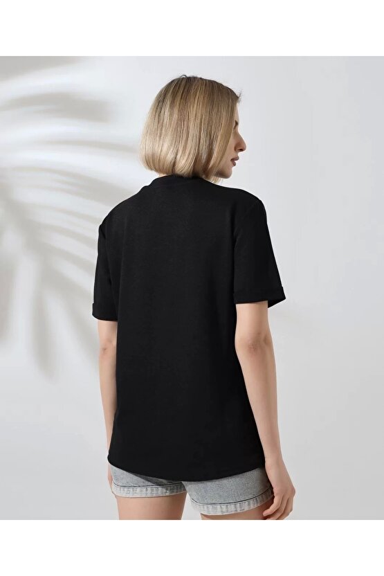 Unisex Bisiklet Yaka Baskılı Slim Fit T-Shirt - Siyah