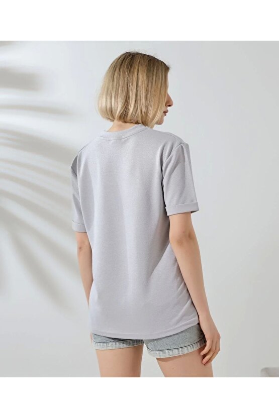 Unisex Bisiklet Yaka Baskılı Slim Fit T-Shirt - Boyalı Gri