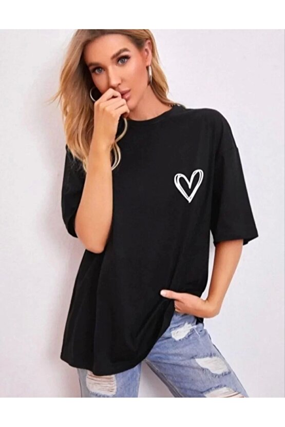 Kadın Bisiklet Yaka Baskılı Oversize T-Shirt - Siyah
